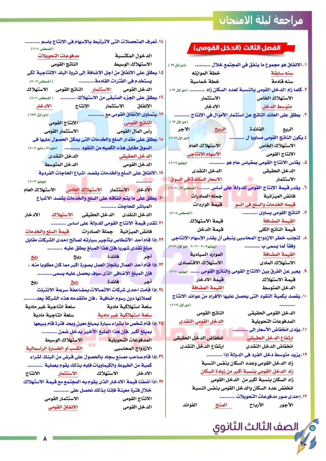 مراجعة نهائية مادة الاقتصاد لشهادة الثانوية العامة 2024