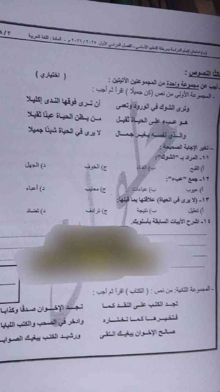 إجابة امتحان اللغة العربية للشهادة الإعدادية 2026 محافظة القاهرة
