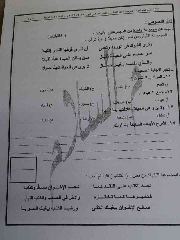 حل امتحان اللغة العربية للصف الثالث الإعدادي 2026 القاهرة
