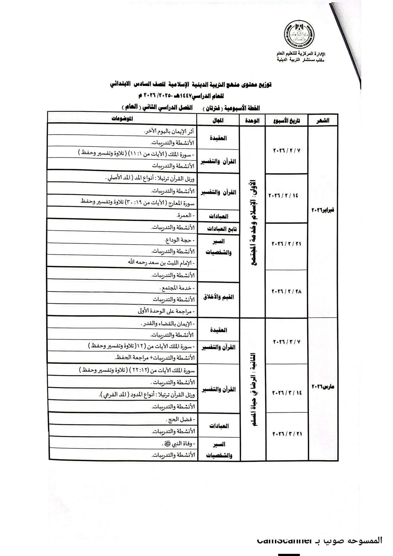 توزيع منهج مادة التربية الدينية الإسلامية لطلاب سادسة ابتدائي
