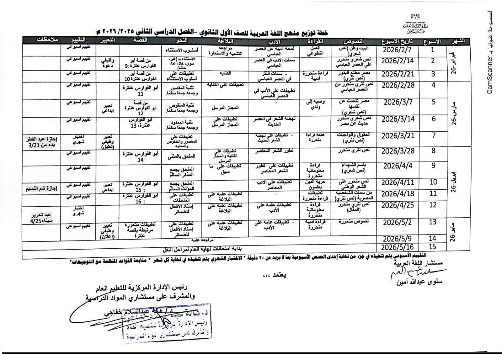 توزيع منهج اللغة العربية الترم الثاني 2026 لطلاب الأول الثانوي عام وبكالوريا