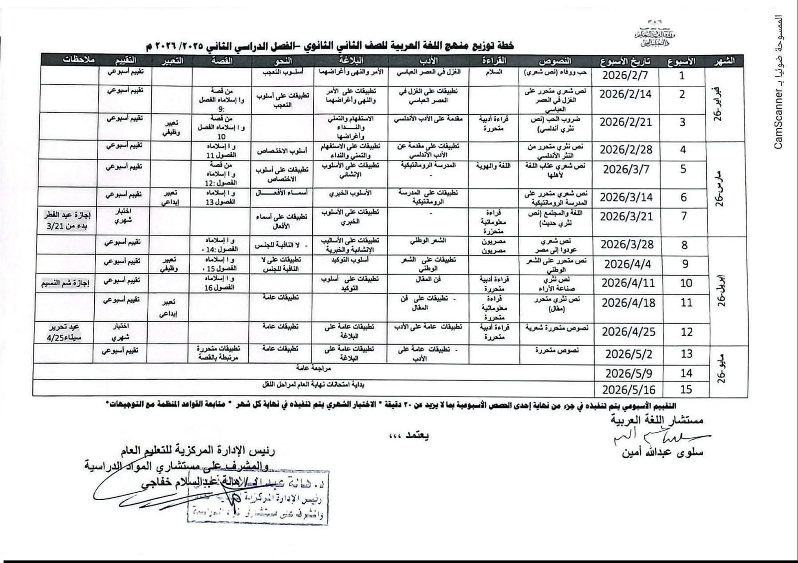 توزيع مقرر العربي لطلاب 2 ثانوي الترم الثاني 2026
