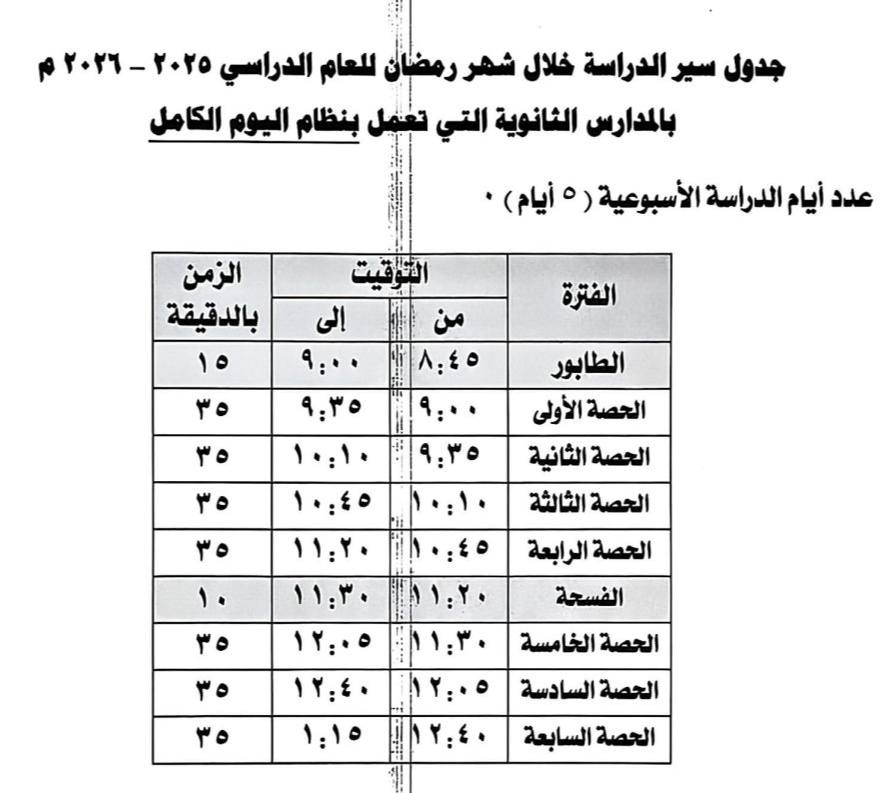 جدول مواعيد مدارس الفترة الواحدة خلال رمضان بدمياط