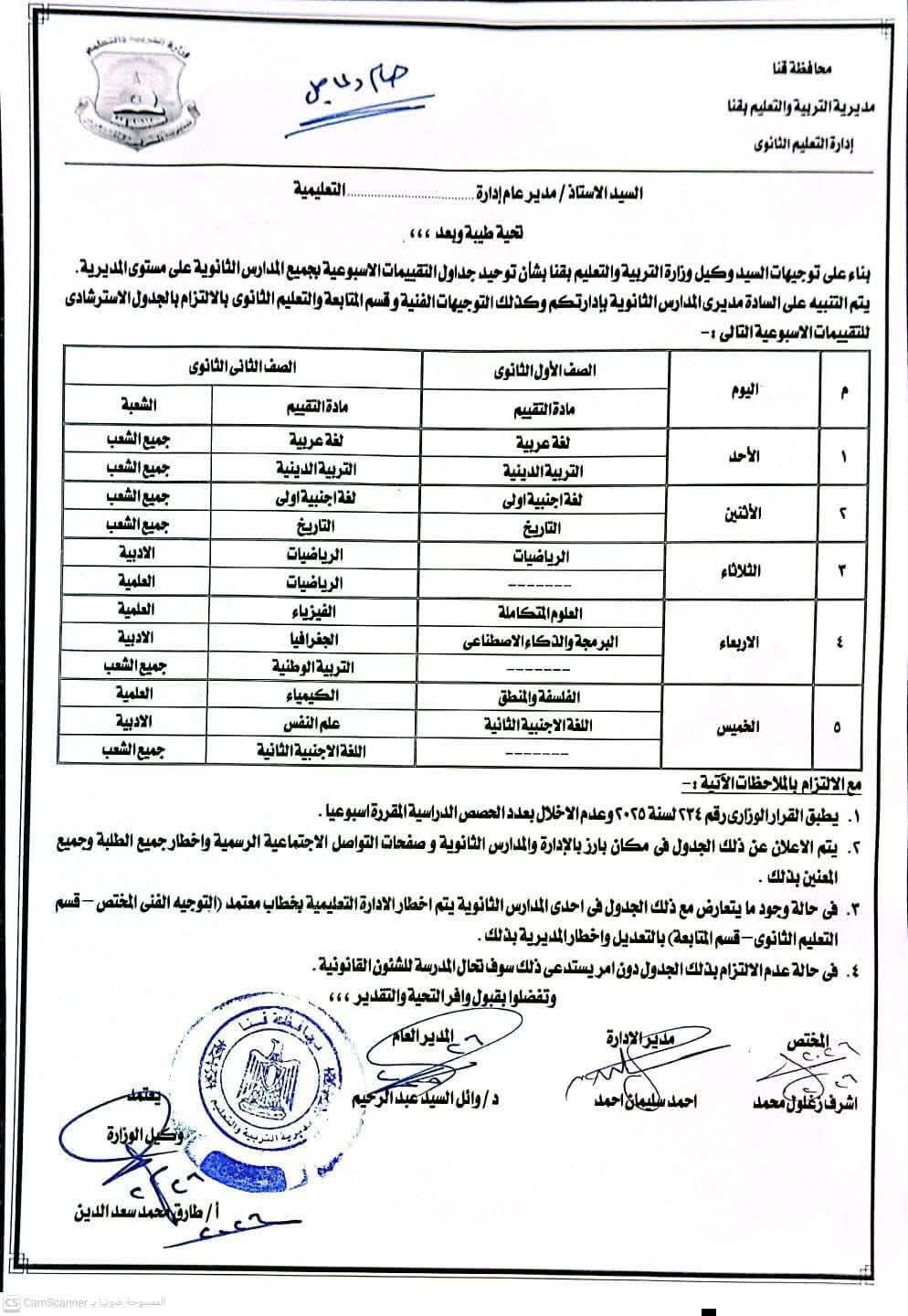 جداول التقييمات الأسبوعية لطلاب صفوف النقل الترم الثاني 2026 بمحافظة قنا