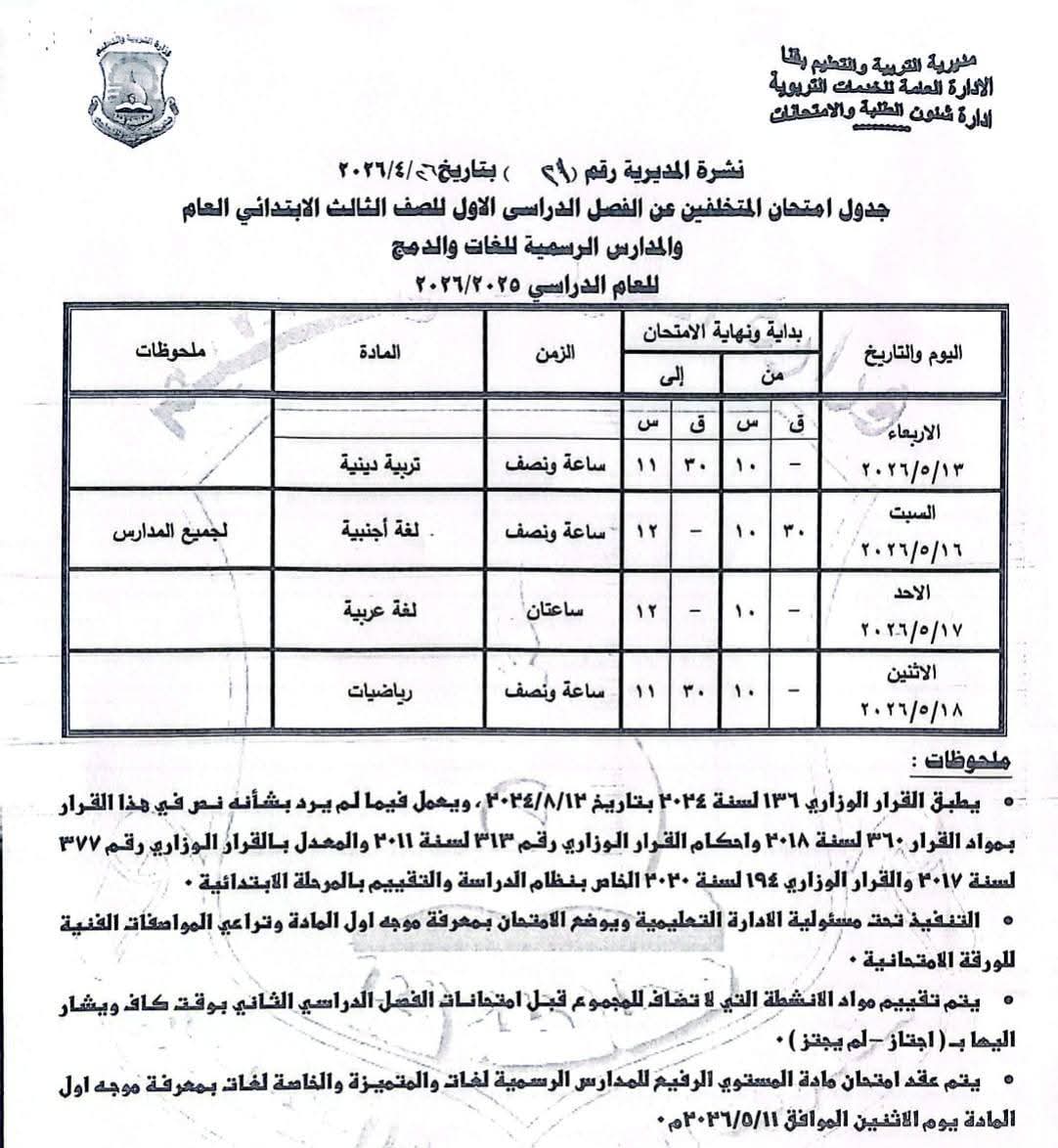 جداول امتحانات الترم الثاني 2026 في محافظة قنا جميع الصفوف