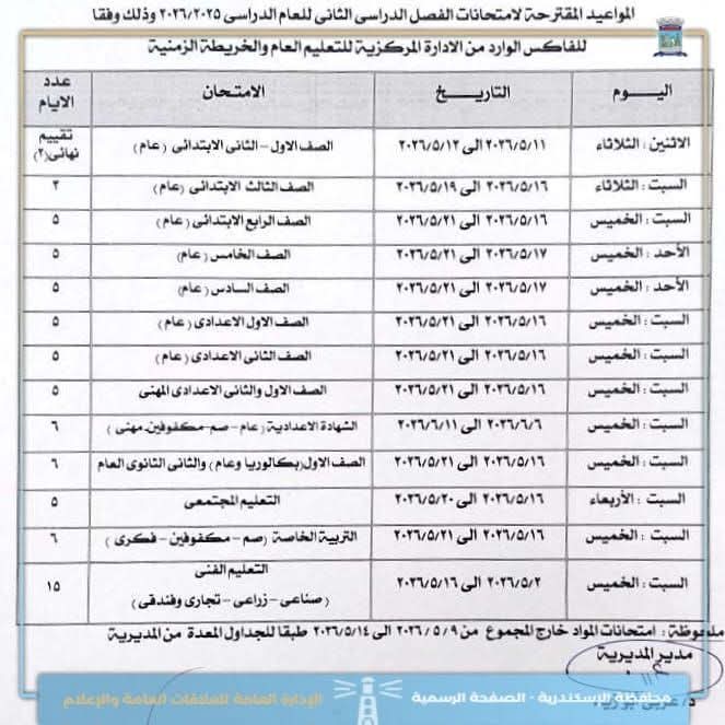 محافظ الإسكندرية يعتمد جداول امتحانات الترم الثاني 2026 لصفوف النقل والإعدادية