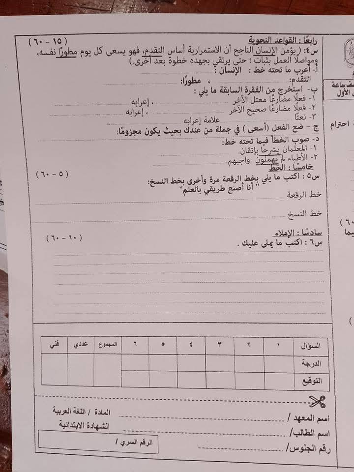 حل امتحان اللغة العربية للشهادة الإبتدائية الأزهرية 2026 محافظة القاهرة