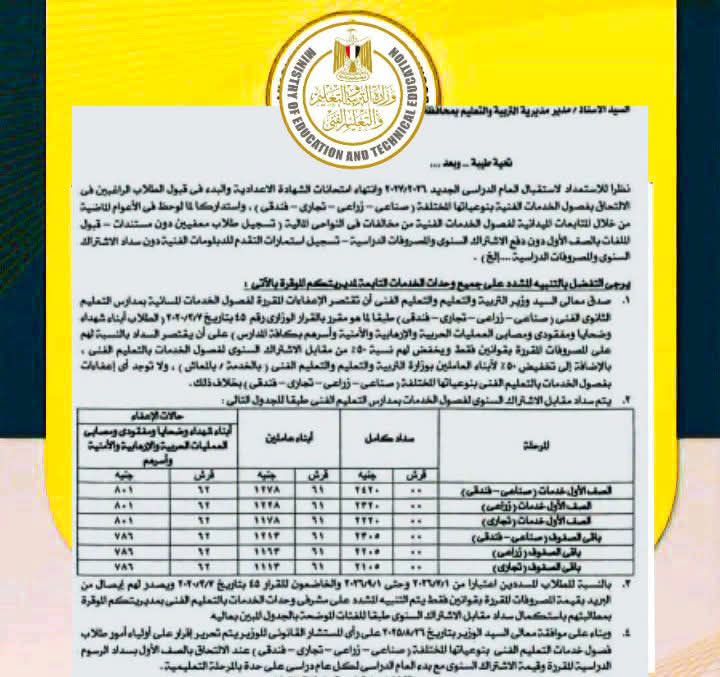 ضوابط سداد رسوم الالتحاق والاشتراك السنوي بفصول الخدمات بالمدارس الفنية 2027