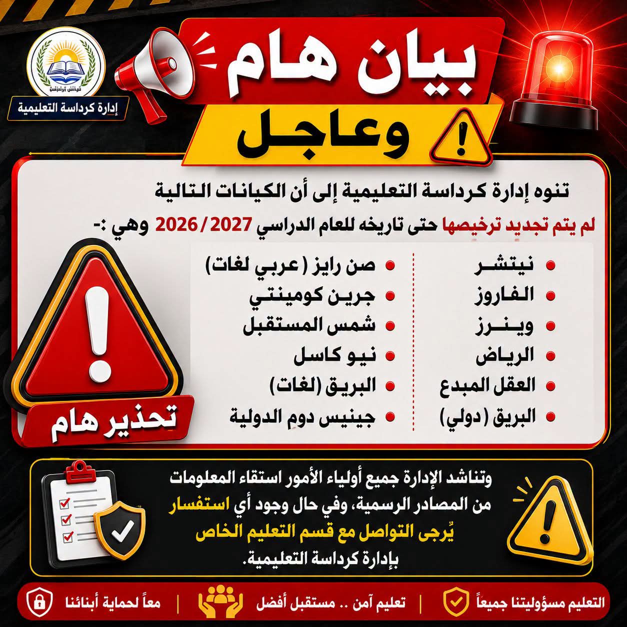 لعدم تجديد الترخيص.. «كرداسة التعليمية» تحذر من التعامل مع 12 كيان 
