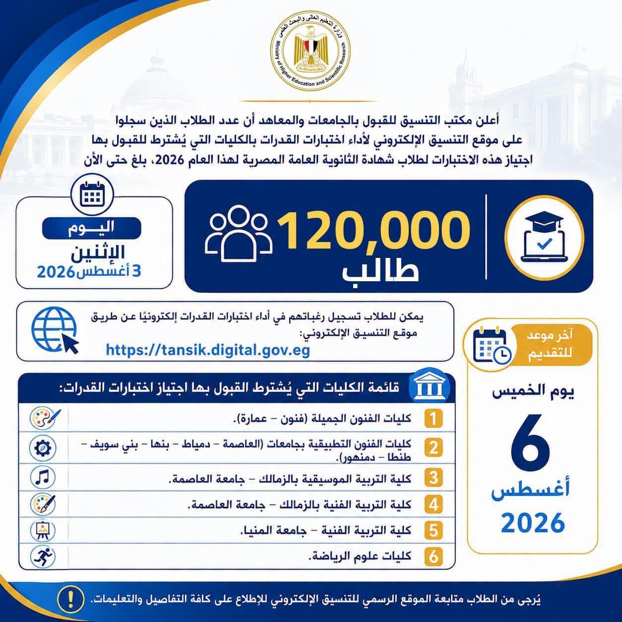 التعليم العالي: 120 ألف طالب سجلوا لأداء اختبارات القدرات
