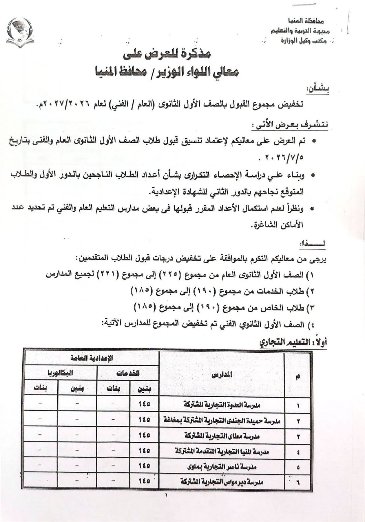 محافظ المنيا يقرر تخفيض تنسيق القبول بالأول الثانوي العام والفني 2027