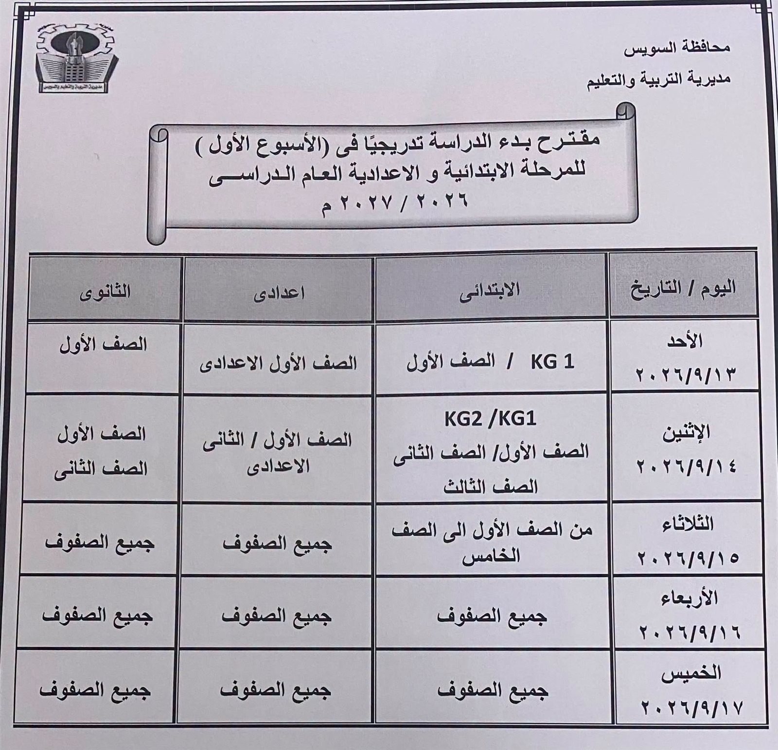 جدول مواعيد دخول طلاب الابتدائي والإعدادي والثانوي بالأسبوع الأول للدرسة في السويس