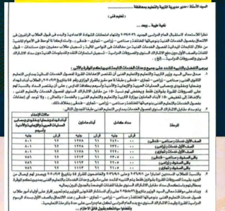 ضوابط وقيمة مصروفات القبول في فصول الخدمات بالتعليم الفني 2027