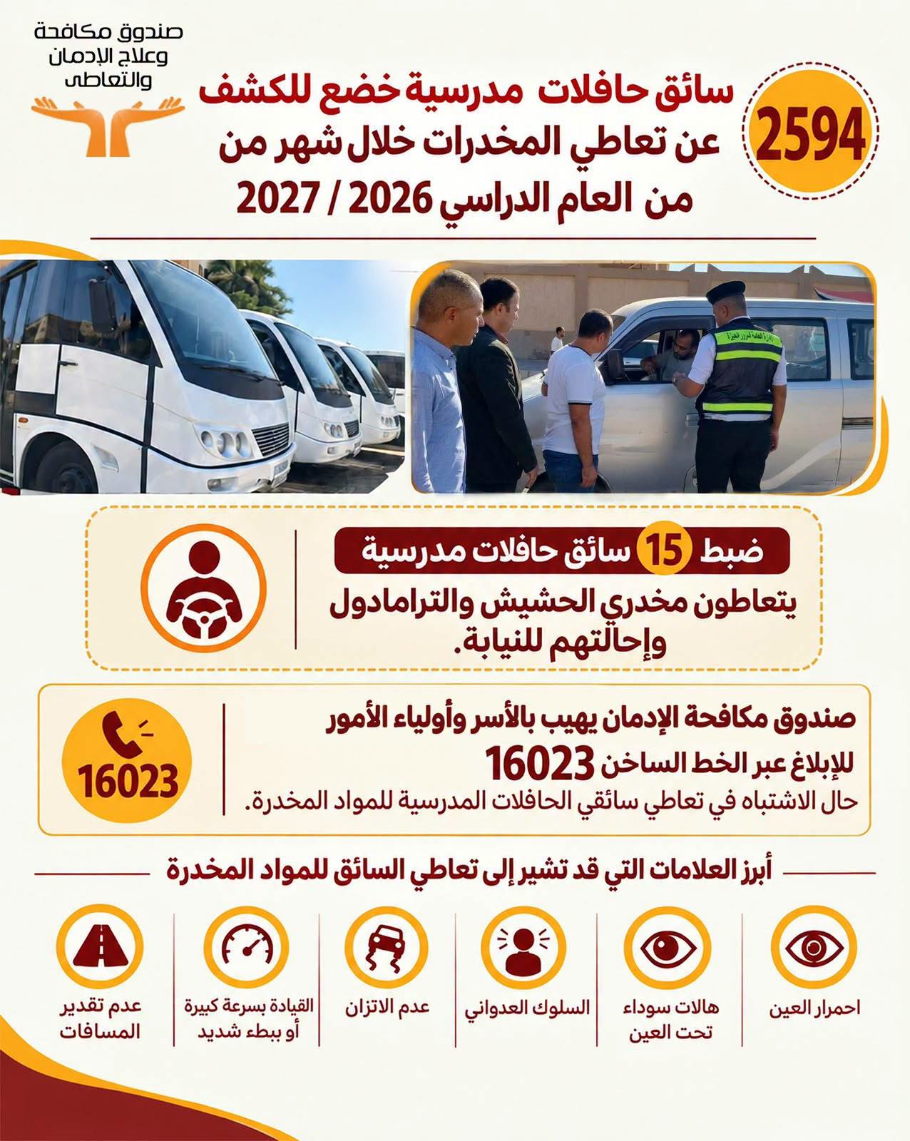 إحالة 15 سائق حافلات مدرسية للنيابة لتعاطيهم مخدري الحشيش والترامادول